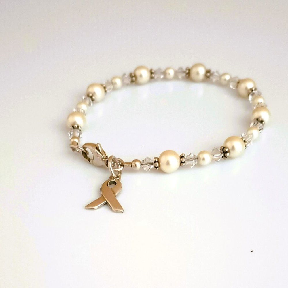 SIC 925 Pearl & Crystal Bracelet 7.5" Sterling Silver Breast Cancer Awareness